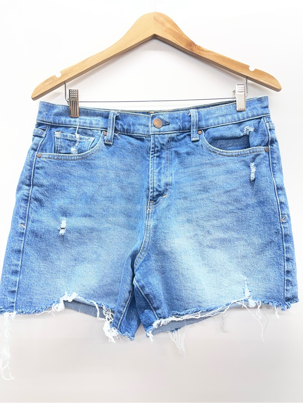 a.n.a Medium Blue Distressed High Rise Boyfriend Cutoff Denim Shorts